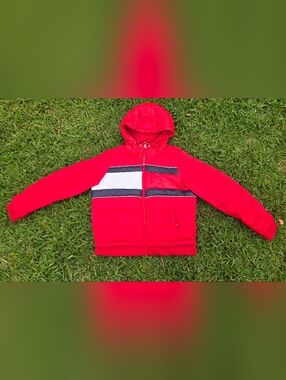 Tommy Hilfiger Sport Women’s Large Puffer Jacket Red White Blue Colorblock Hood